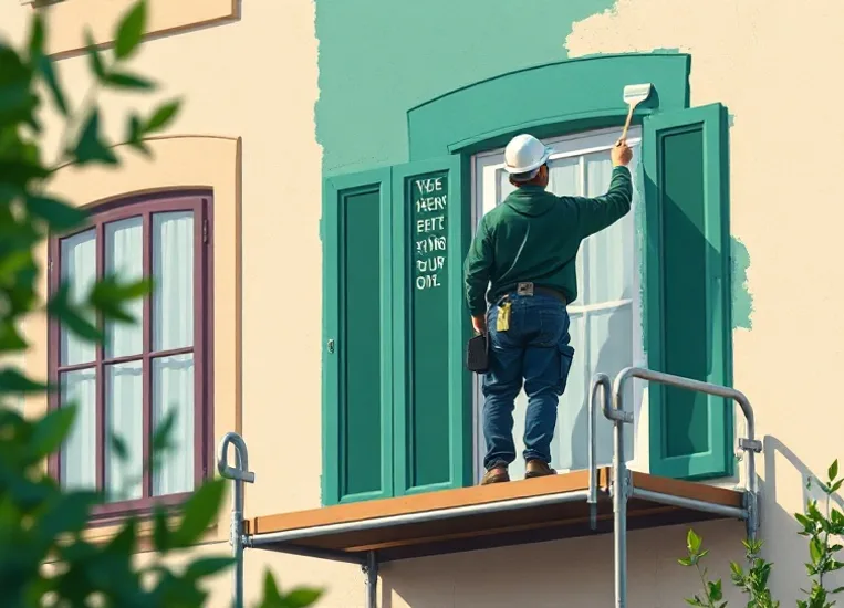 Peintre sur échafaudage traitant la façade d'une maison
