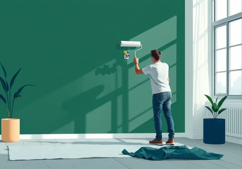 Peintre appliquant la peinture au rouleau sur un mur de salon